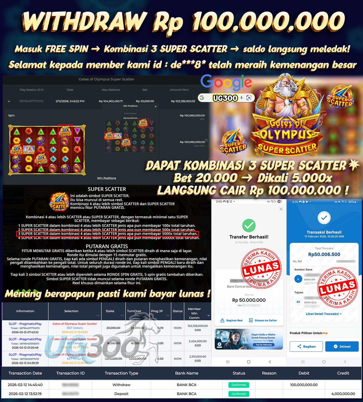 UG300 BERMAIN DI GATES OF OLYMPUS SUPER SCATTER DAPAT KOMBINASI 3 SUPER SCATTER  JACKPOT Rp.100,000,000- DI BAYAR TUNTAS